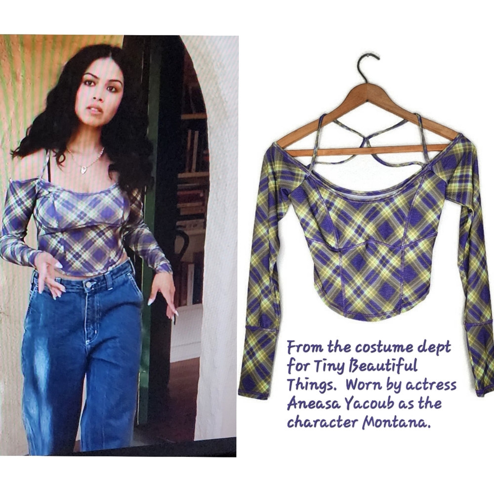 Urban Outfitters Mia Cold Shoulder Top in Green Plaid Size S